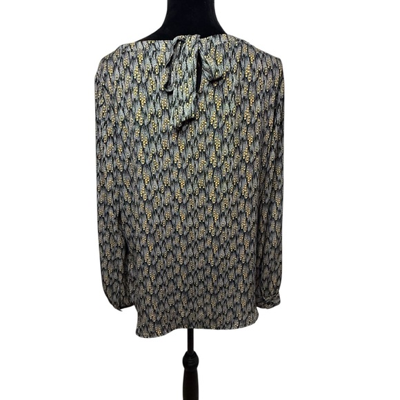 LOFT | Black, Gold & White Patterned Long Sleeve Blouse with Back Tie | Sz L - Picture 3 of 5
